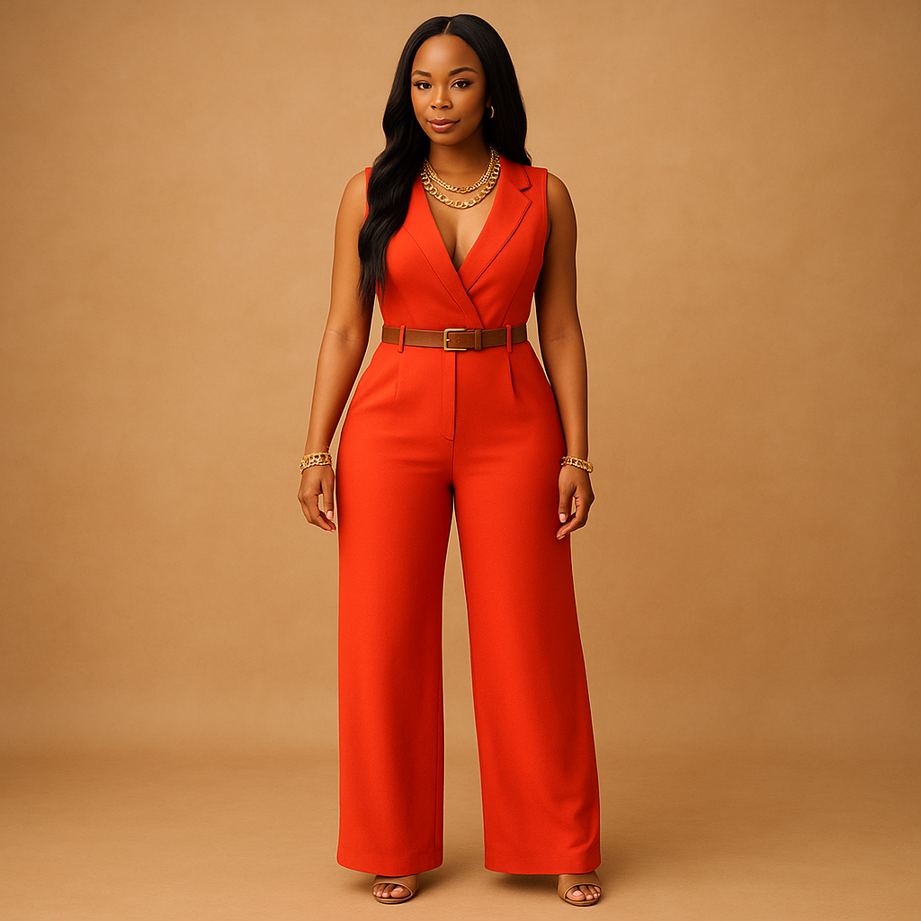Fashionable deep V-neck women's jumpsuit, elegant party attire for evening events and special occasion outfits.