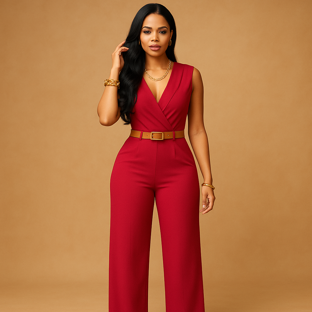Dressy women's deep V-neck jumpsuit, a chic one-piece for formal evening wear, sophisticated special occasions.