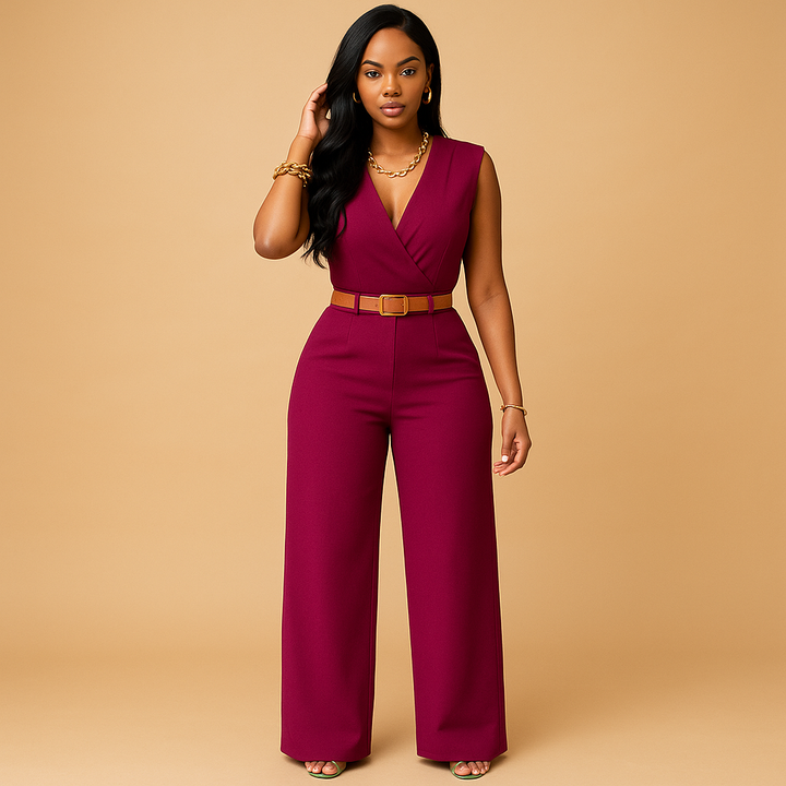 Flowy deep V-neck women's jumpsuit, an elegant one-piece outfit perfect for evening events, parties & formal wear.