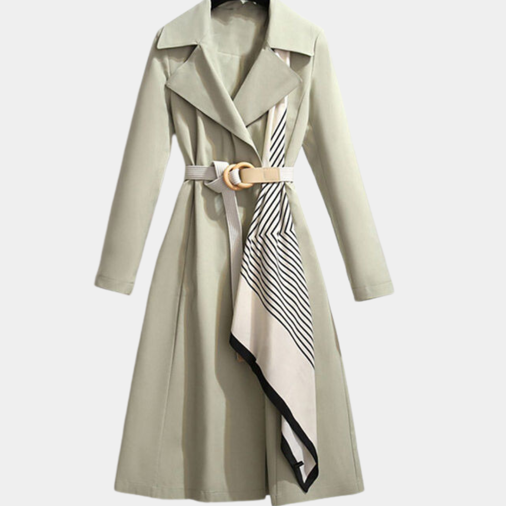 Elegant women's double-breasted belted trench coat in classic beige, perfect for winter fashion.
