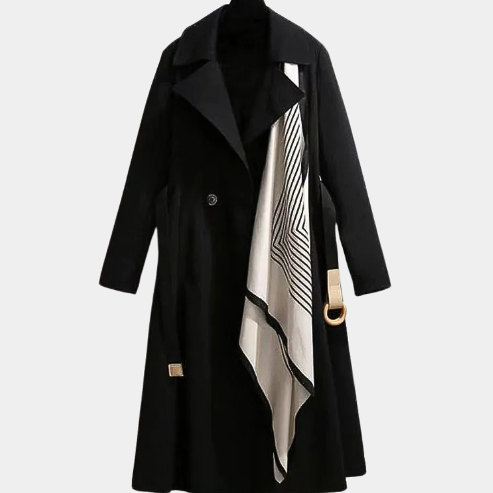 Classic women's belted trench coat, double-breasted design, ideal for a chic and warm winter look.