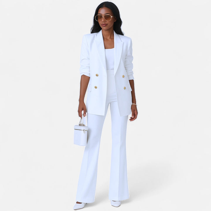 Elegant women's double-breasted blazer and matching pantsuit set, perfect for business or formal events.