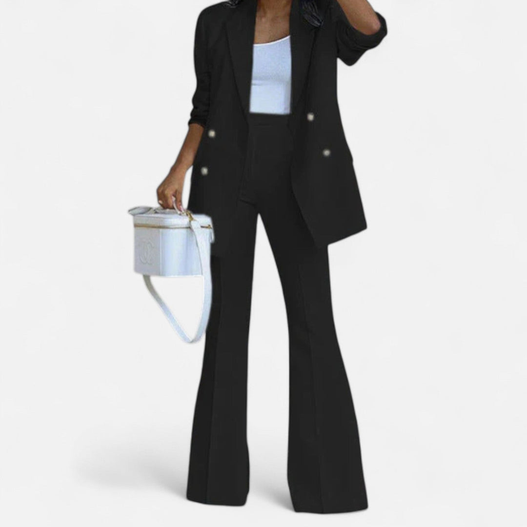 Fashionable women's double-breasted blazer and wide-leg pants suit, versatile for office or special occasions.
