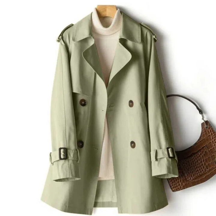 Classic style women's belted double-breasted trench coat, an elegant choice for cold weather.