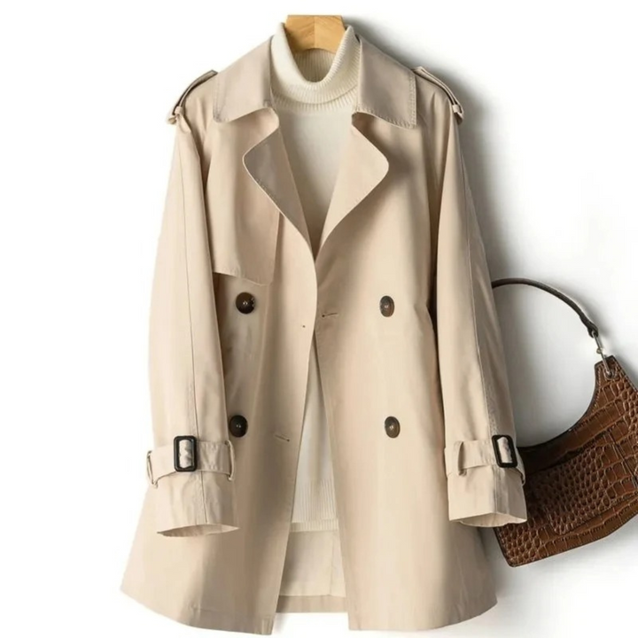 Warm and elegant women's belted double-breasted winter coat, a timeless classic jacket.