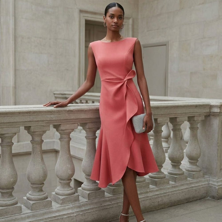 Elegant women's draped asymmetric ruffle midi dress, perfect for formal events & wedding guests.