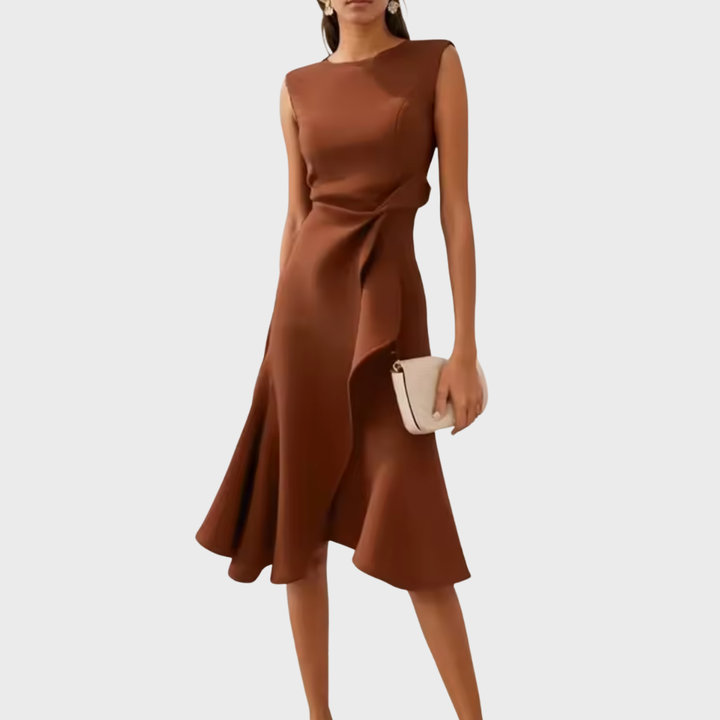 Model gracefully walking in a formal draped asymmetric ruffle midi dress, elegant for special occasions.