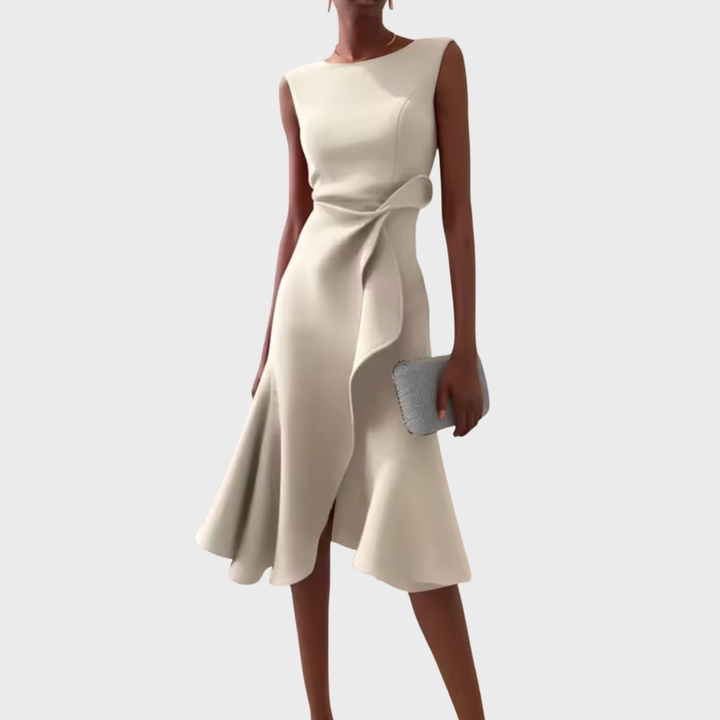 Formal wedding guest midi dress for women, featuring elegant draping, asymmetric design, and ruffles.