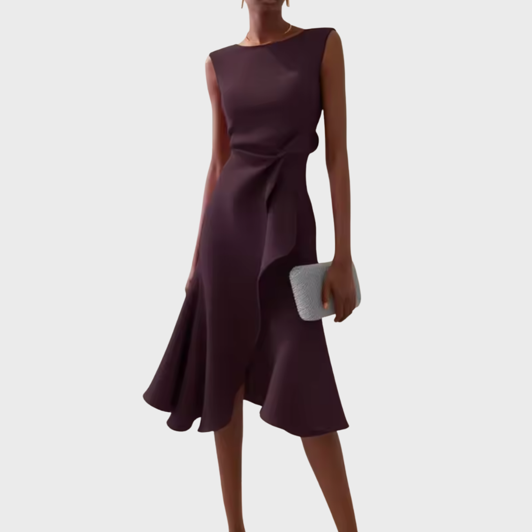 Sophisticated women's special occasion midi dress with draped asymmetric ruffles and elegant style.