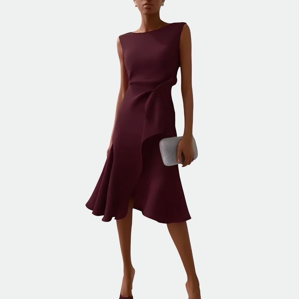 Women's elegant draped asymmetric ruffle sleeveless midi dress for formal events, cocktails & wedding guests.