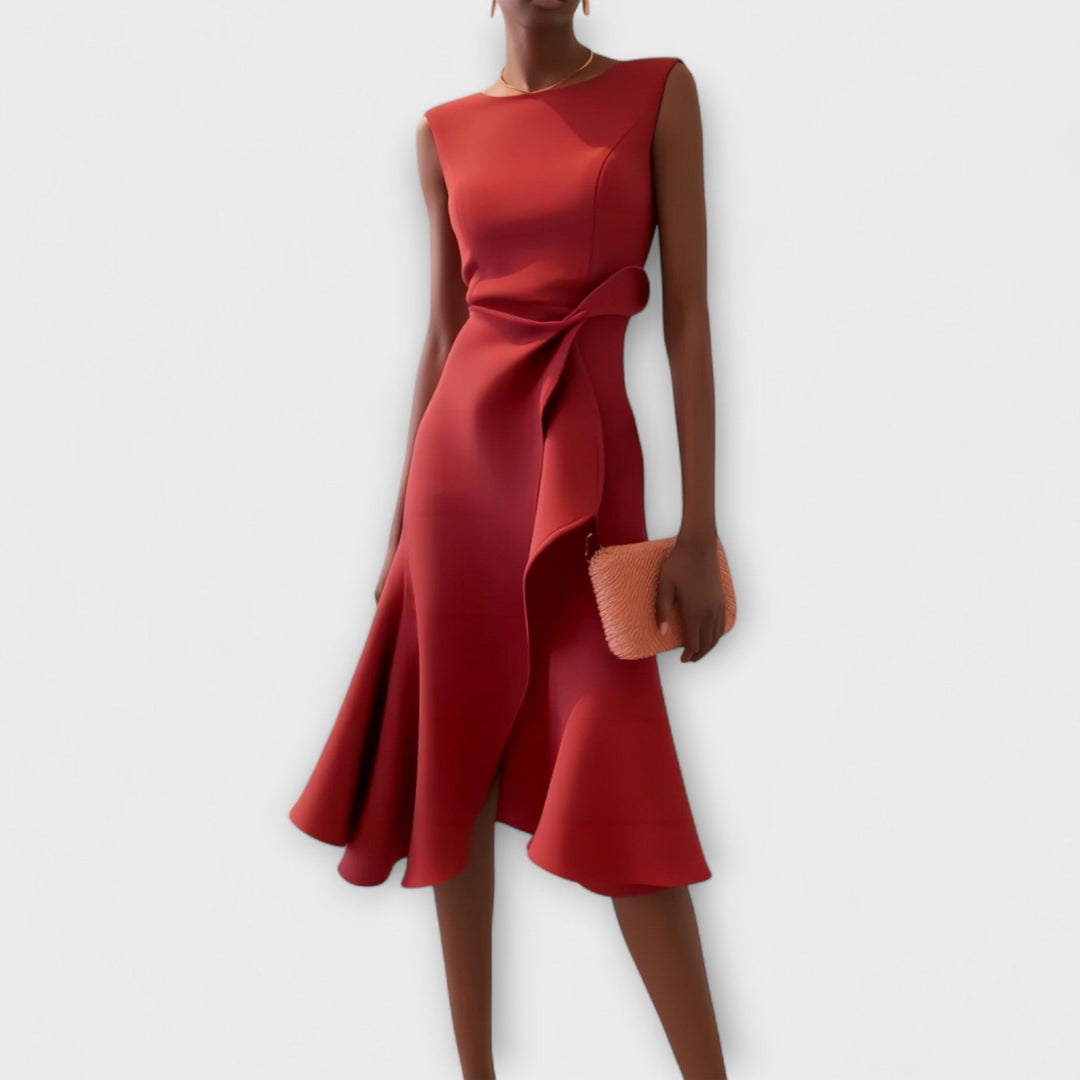 Stylish women's asymmetric midi dress with elegant draping & ruffles, ideal for special occasions.
