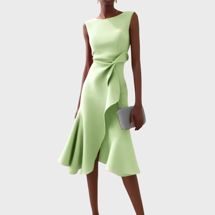Side profile of a stylish women's draped asymmetric ruffle midi dress, perfect for wedding guests.