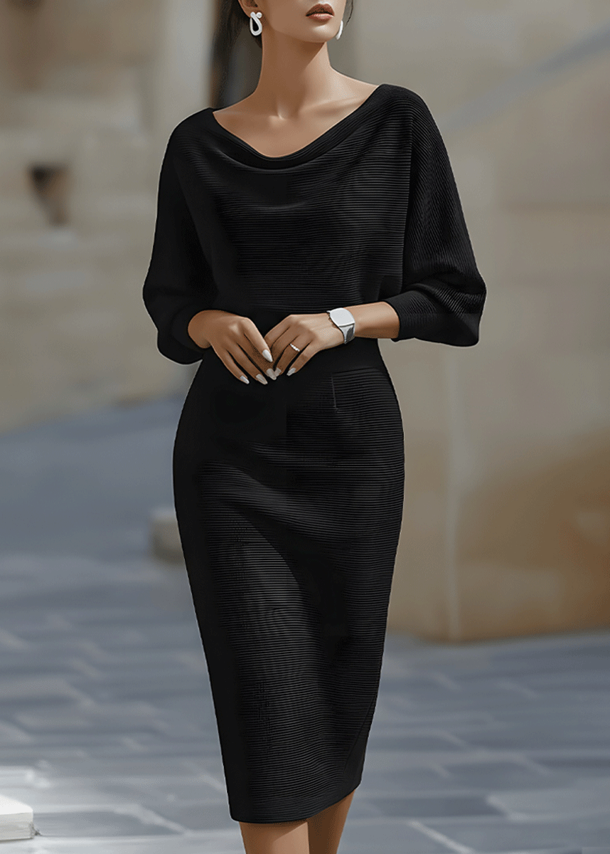 Women's elegant batwing midi dress, draped silhouette & sophisticated cowl neck. Ideal occasion wear & fall style.
