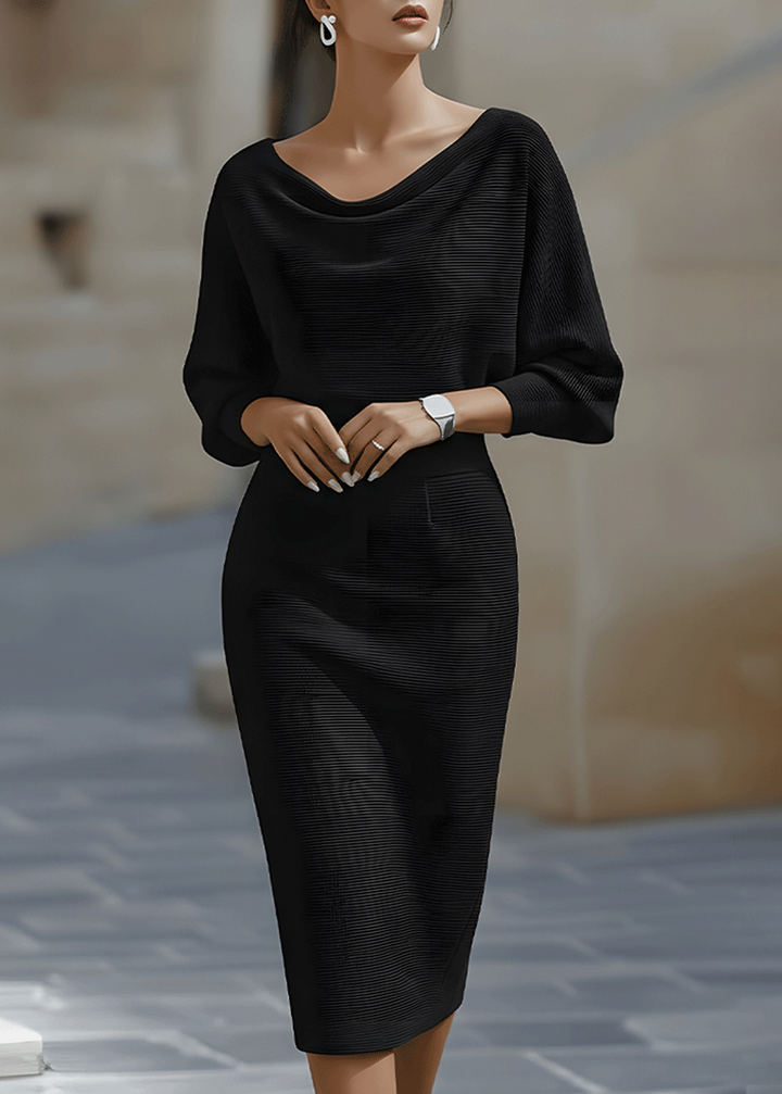 Women's elegant batwing midi dress, draped silhouette & sophisticated cowl neck. Ideal occasion wear & fall style.