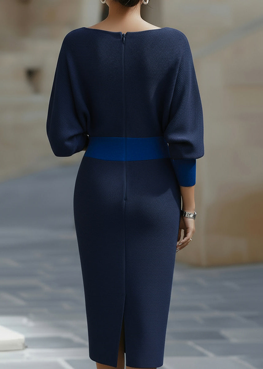 Polished women's midi dress, draped batwing sleeves & cowl neck. Versatile elegant fashion, perfect for occasions.