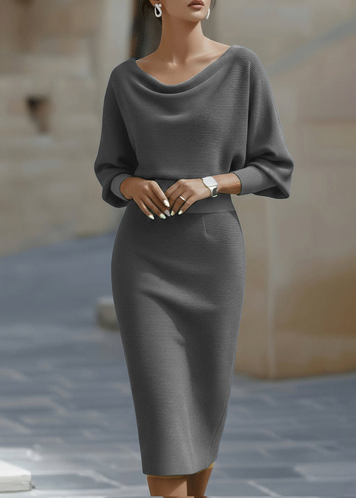 Navy women's elegant fall midi dress, draped batwing sleeves & cowl neck for a polished look. Sheath style.