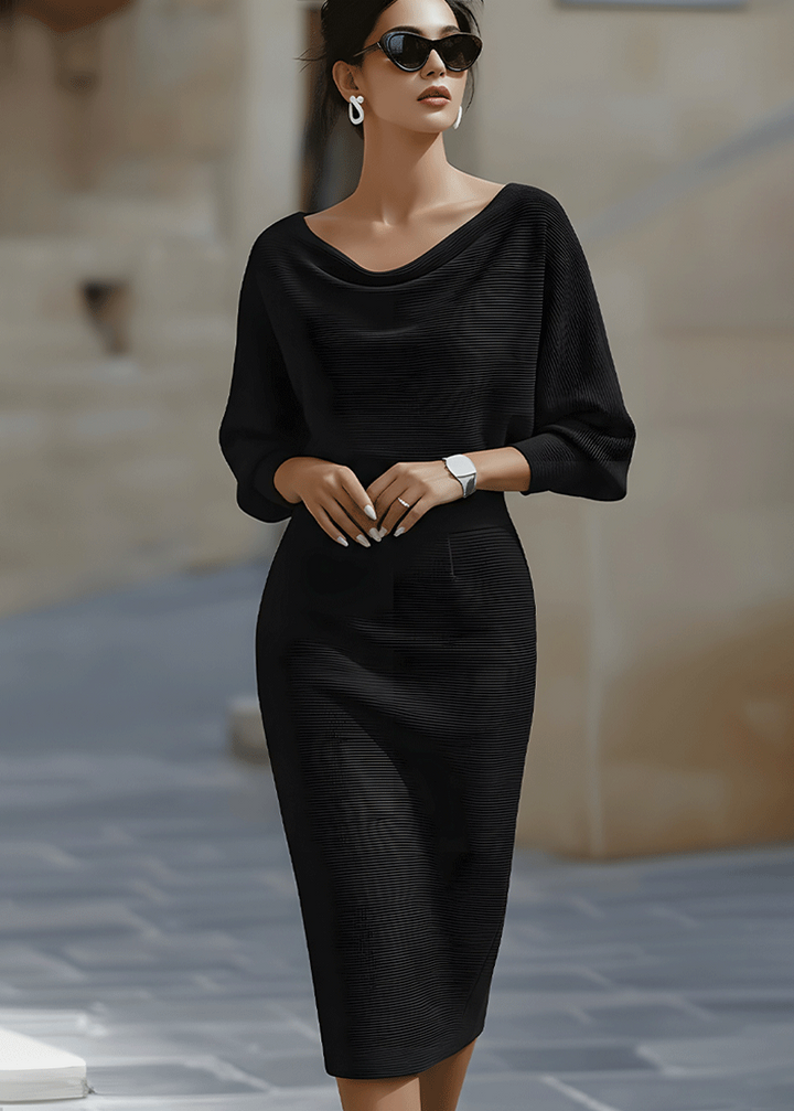 Flowy women's batwing midi dress, elegant cowl neck. Graceful movement, perfect for elegant occasion style.