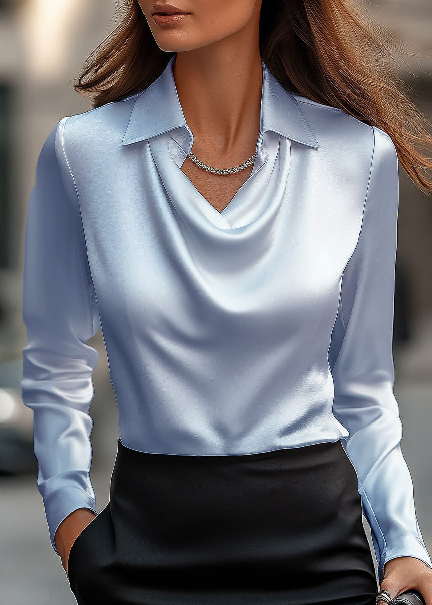 White draped cowl neck blouse for women with collar, a refined professional top for any office setting.