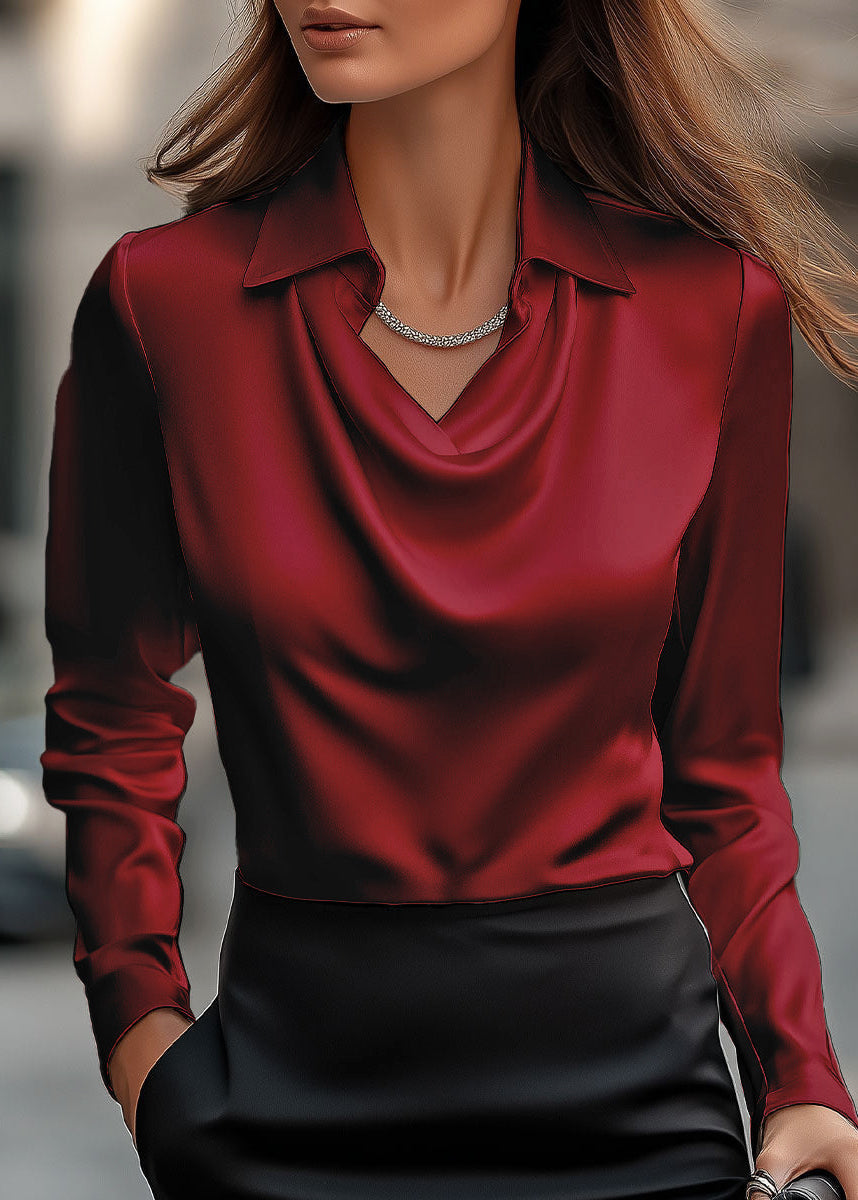 Women's elegant long sleeve top, a draped cowl neck blouse with collar for sophisticated work attire.