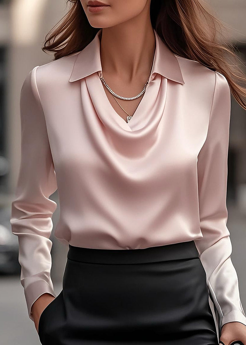 Stylish women's workwear blouse with an elegant draped cowl neck and collar detail, long sleeves.