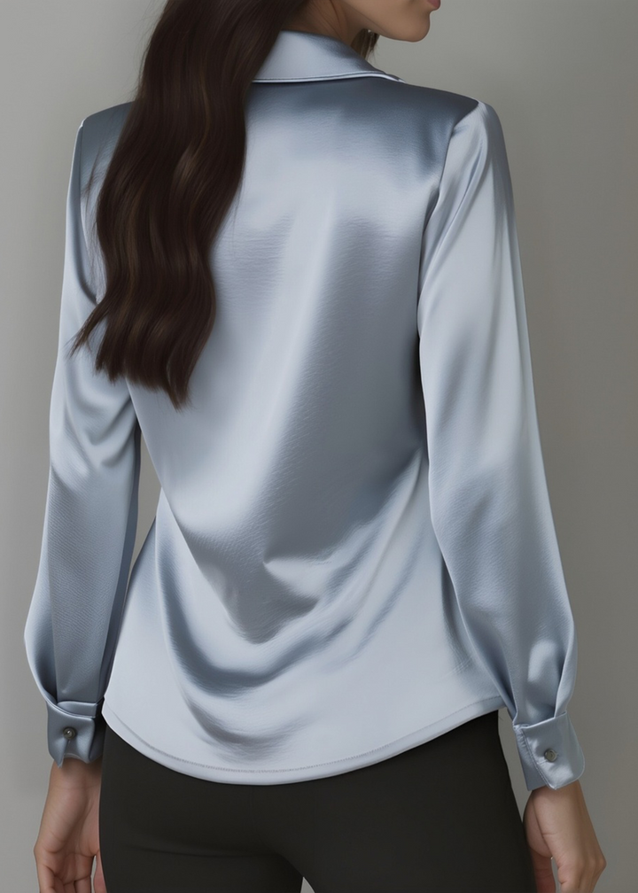 Elegant women's professional top, a draped cowl neck blouse with collar, ideal for a polished look.