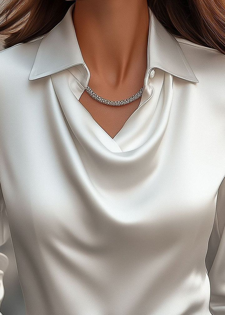 Chic long sleeve women's cowl neck top with collar, a sophisticated choice for elegant professional wear.