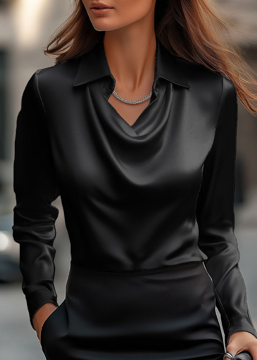 Women's professional cowl neck blouse in a soft draped fabric with a refined collar, ideal for work.