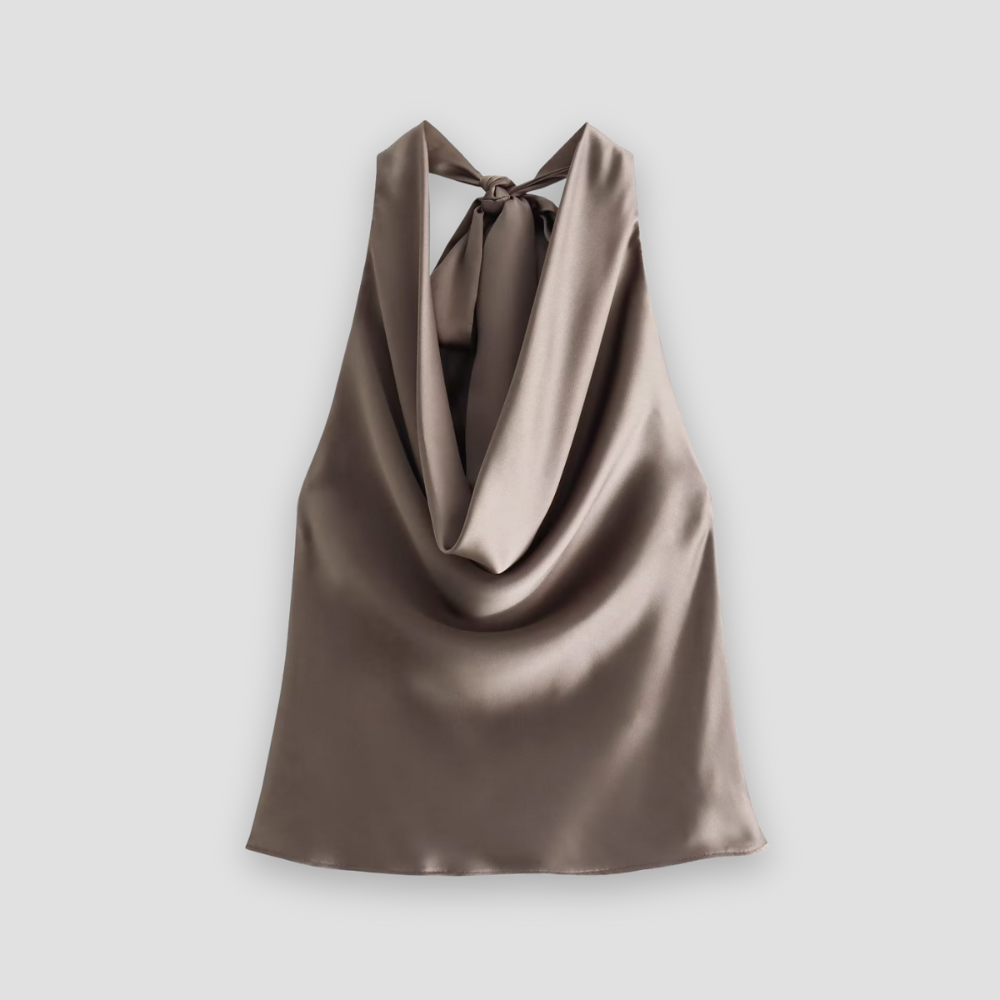 Elegant women's draped halter satin tank top; sophisticated sleeveless blouse for parties & summer.