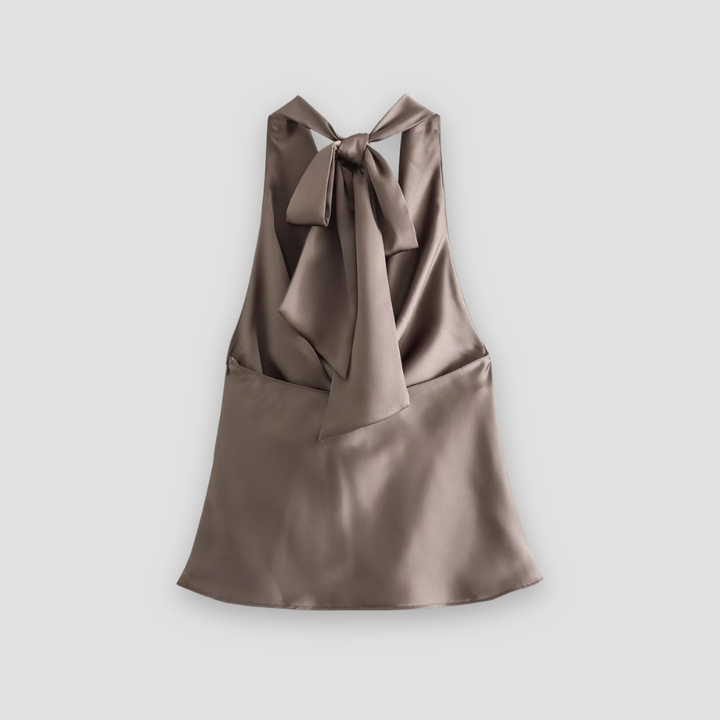 Satin halter tank top for women with a graceful draped neckline; perfect for elegant summer fashion.