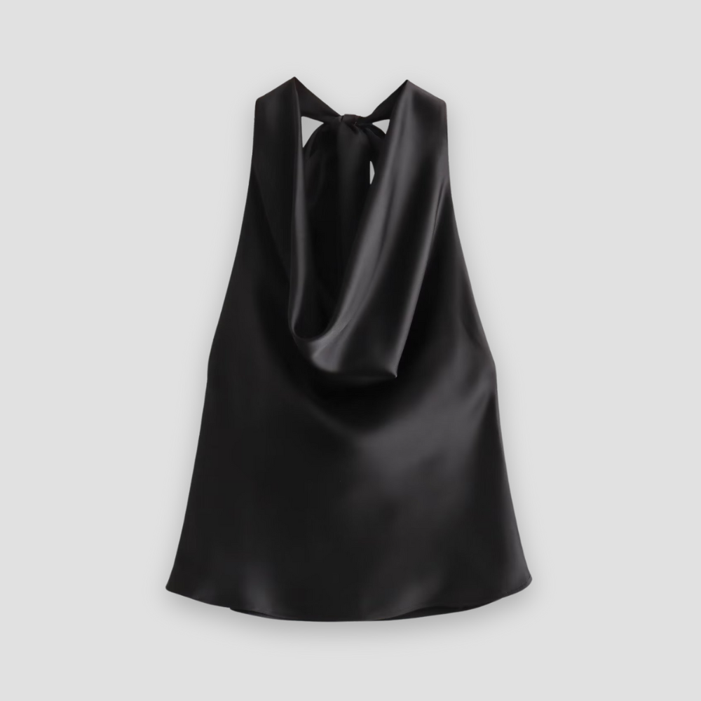 Sophisticated women's blouse: a draped halter satin tank top, perfect for an elegant summer look.