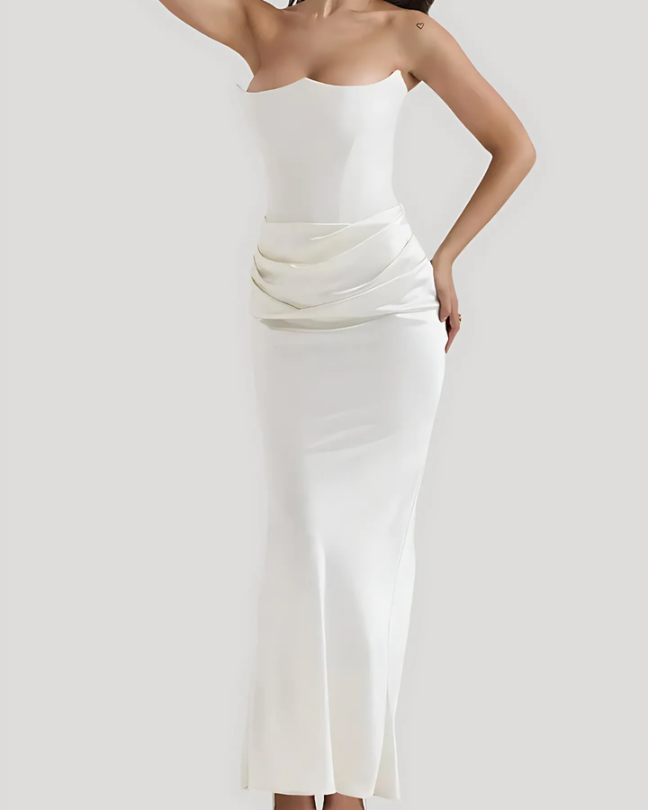 Fashionable women's draped maxi dress in a rich color, excellent for a wedding guest or any formal evening event.