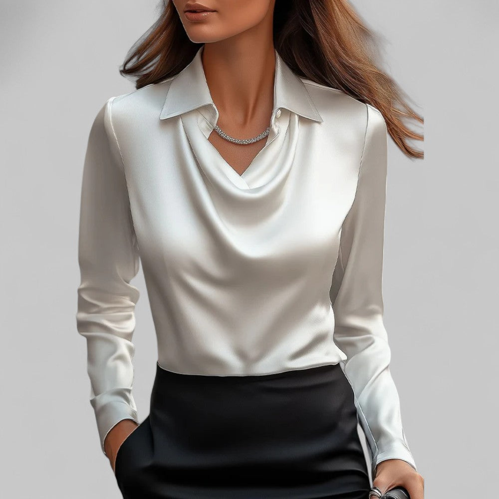 Elegant women's draped neck long sleeve satin blouse, ideal for formal or casual wear.
