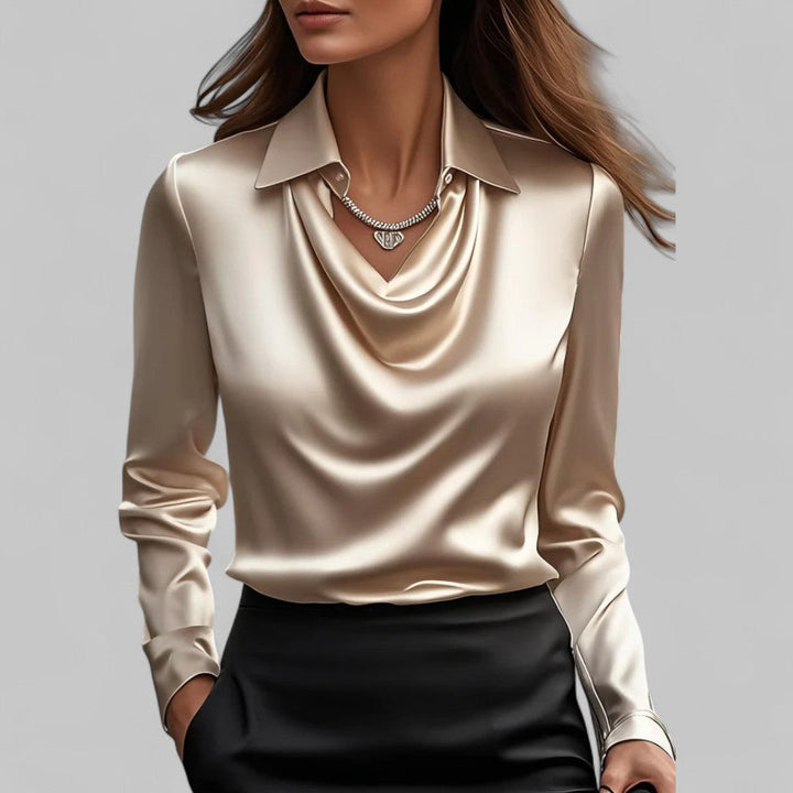 Stylish women's draped neck long sleeve satin blouse, a versatile wardrobe essential.