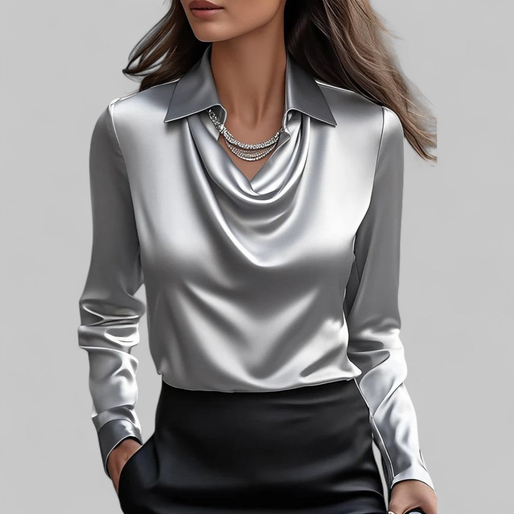 Luxurious silk-feel satin blouse with a sophisticated draped neck for women.