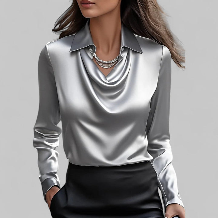 Luxurious silk-feel satin blouse with a sophisticated draped neck for women.