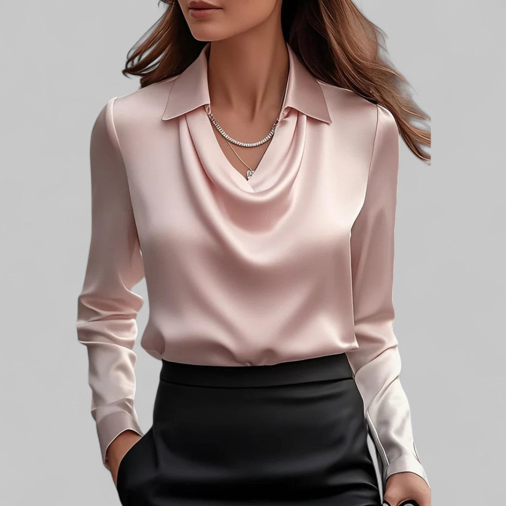 Versatile women's long sleeve satin blouse, featuring a stylish draped neckline.
