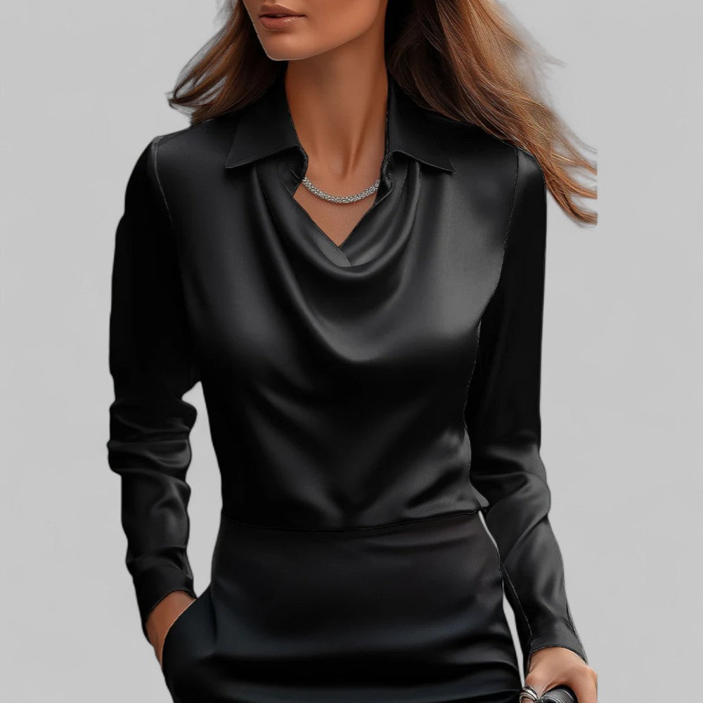 Flowy silk-feel women's blouse, long sleeve, draped neck, perfect for any occasion.