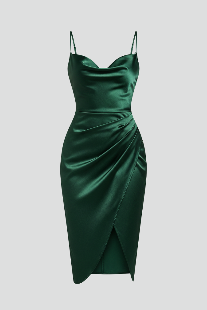 Elegant women's draped slim strap dress, perfect for evening wear or a summer party.