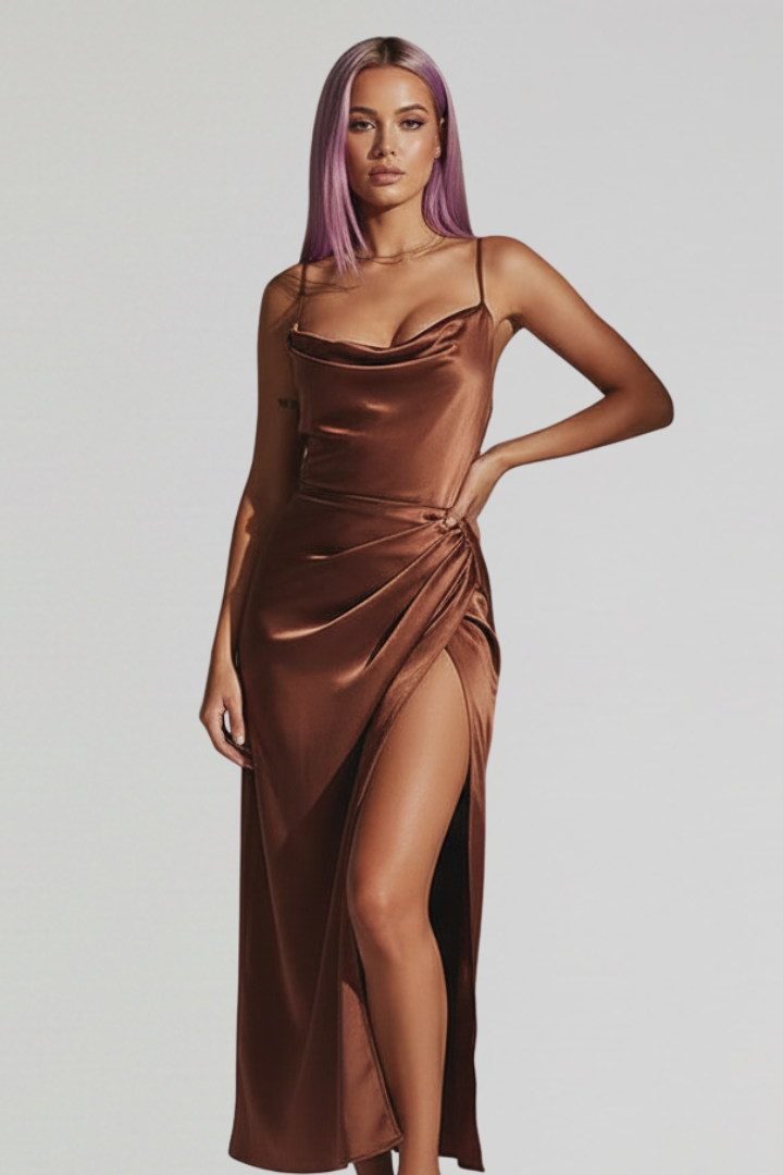 Flattering women's draped slim strap dress, an elegant sleeveless design for parties & special events.