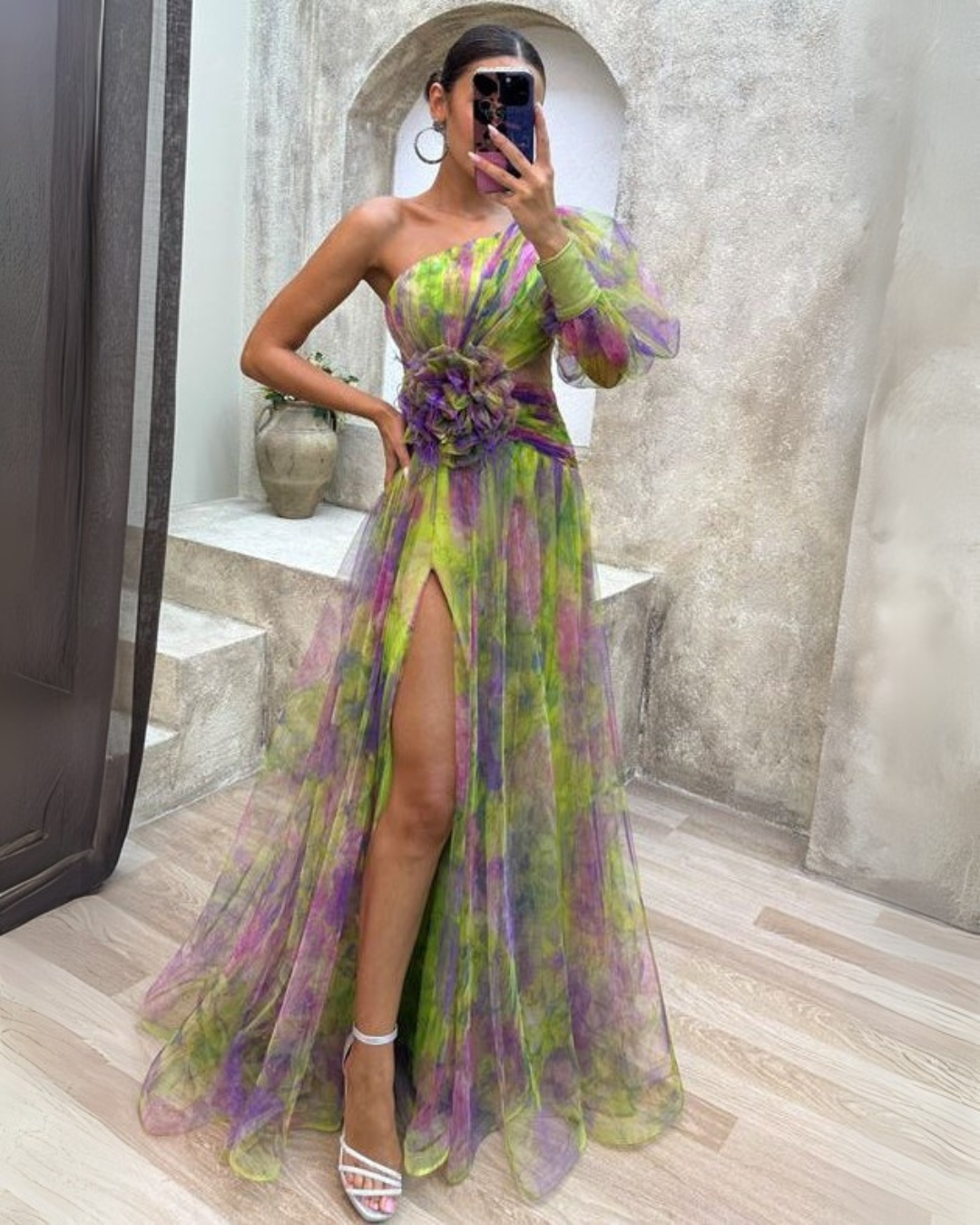 Elegant women's enchanting tulle maxi gown. Flowy long sleeve evening dress for special occasions.