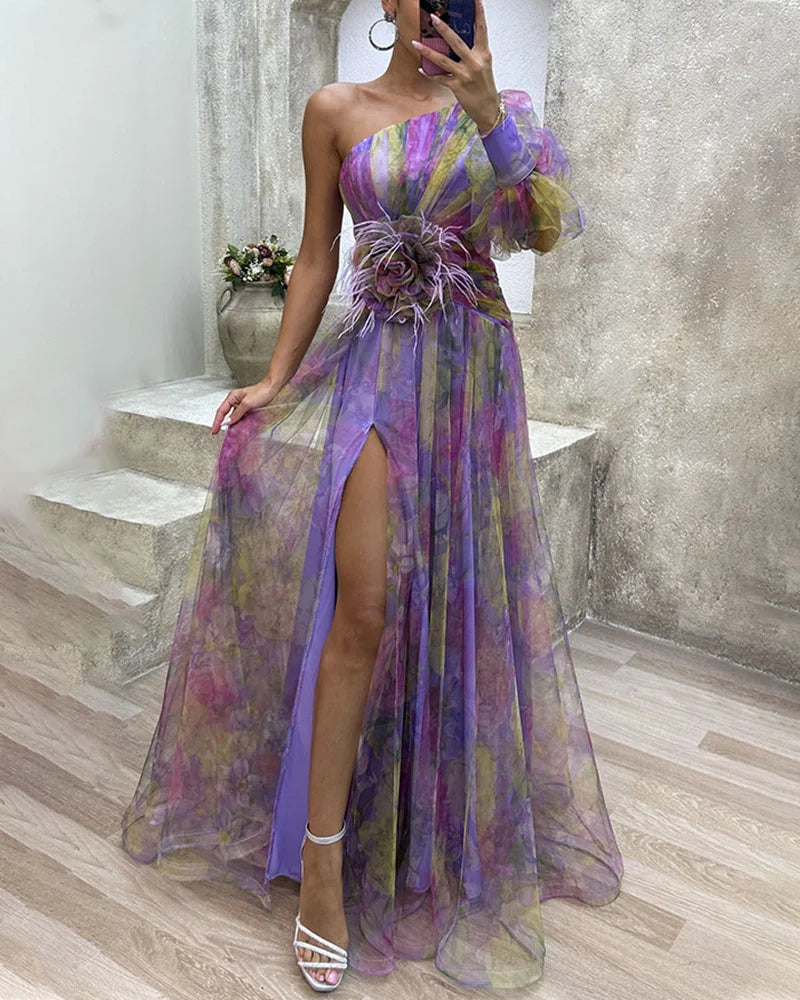 Woman twirling in a flowing, elegant tulle maxi gown. Long sleeve formal dress for special occasions & parties.