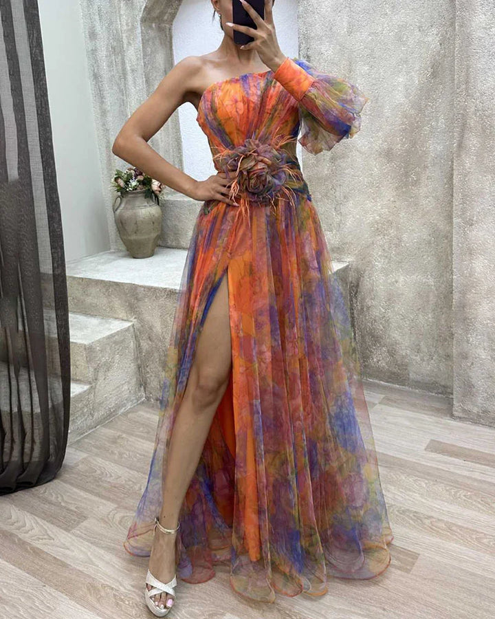 Detailed view of the elegant long sleeves & bodice of a women's enchanting tulle maxi evening dress.