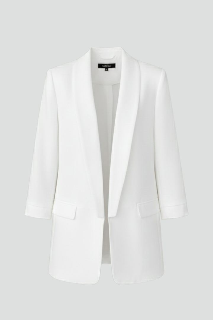 Elegant women's fitted blazer with unique wrap collar, perfect for professional office wear & business casual.