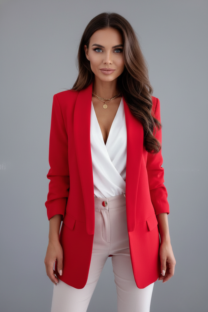 Women's stylish fitted blazer with a wrap collar, a versatile long-sleeve jacket for professional business attire.