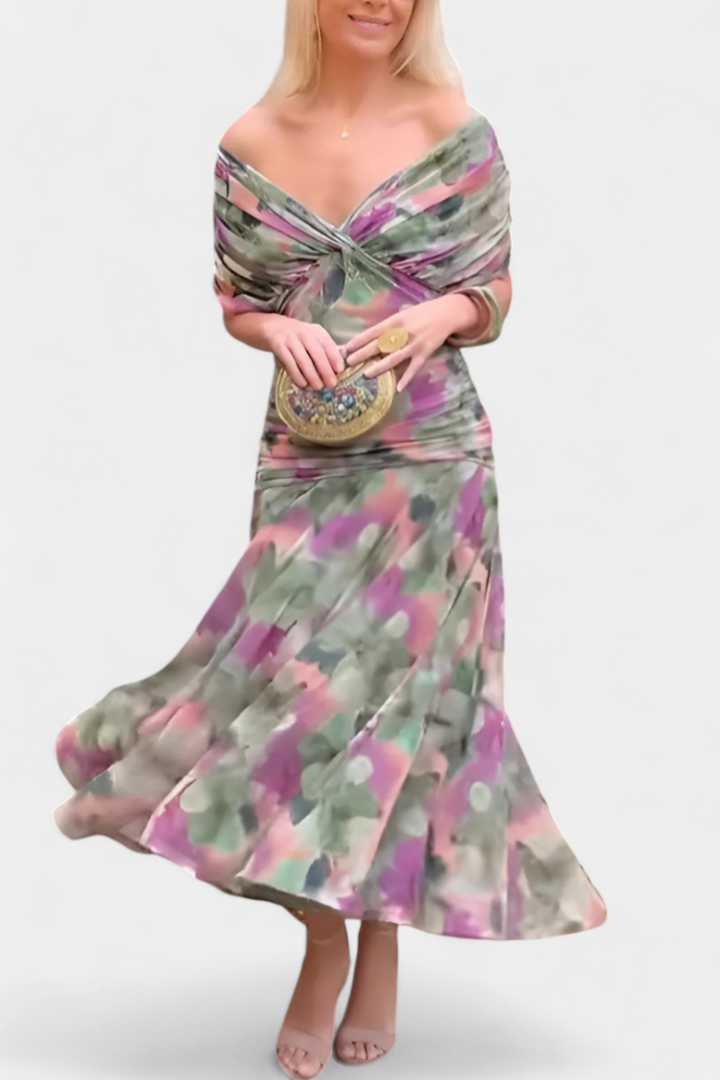 Women's elegant floral maxi dress in motion, revealing its captivating flow and summer party potential.