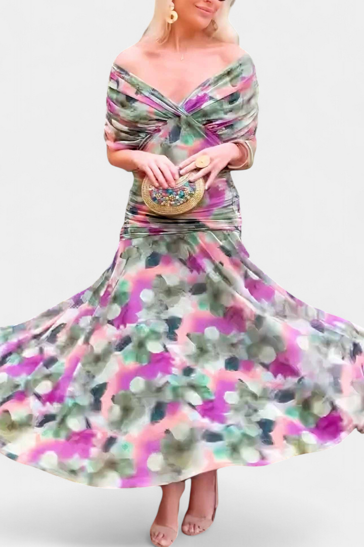 Side view of a captivating women's floral maxi dress, elegant and flowy, suitable for summer parties.