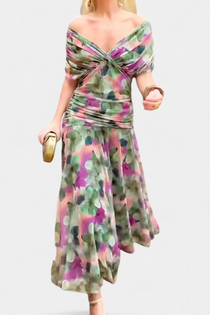 Luxurious fabric texture of a women's elegant floral maxi dress. Perfect evening gown or summer party dress.