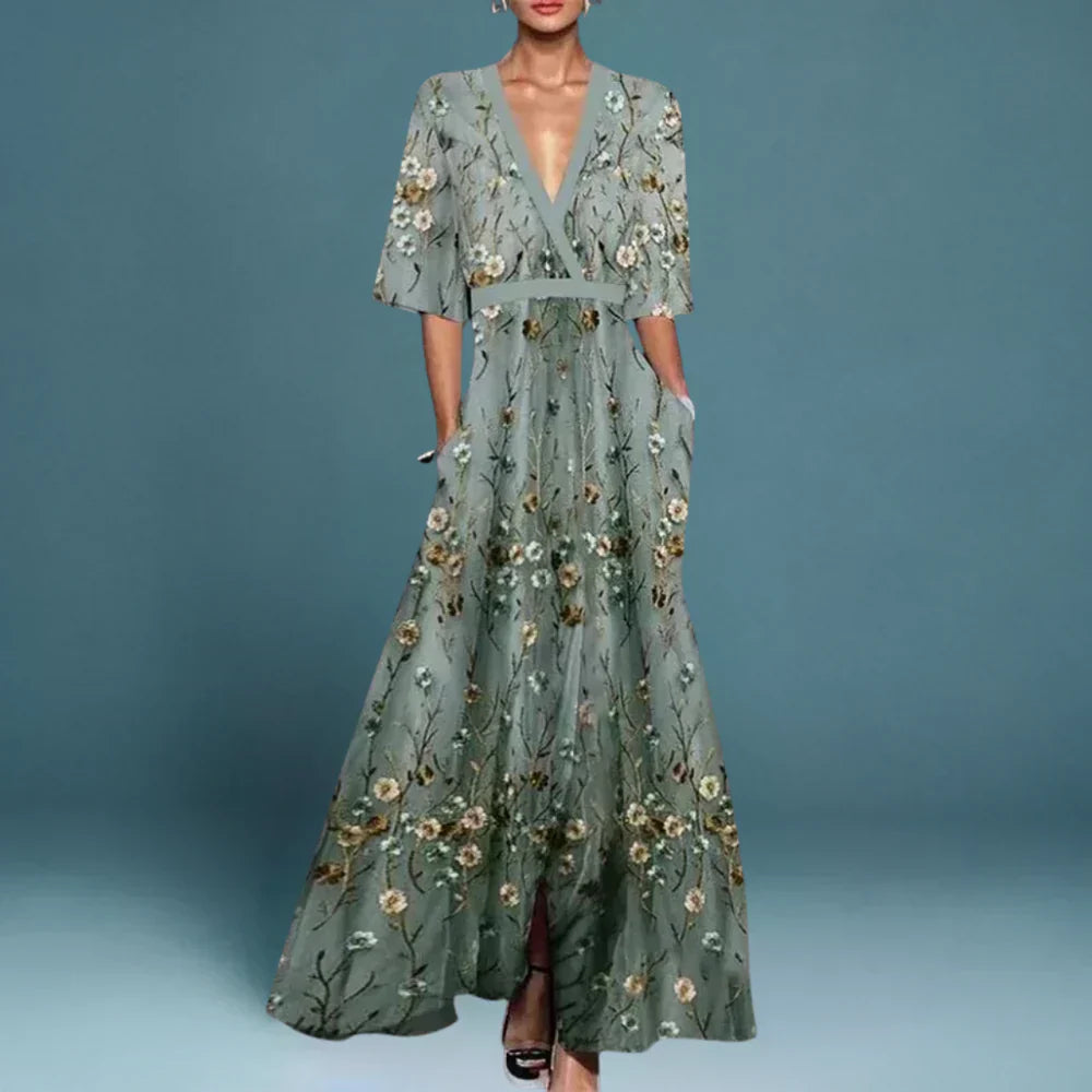 Elegant women's floral maxi wrap dress with a flattering v-neck, perfect for summer casual or day wear.