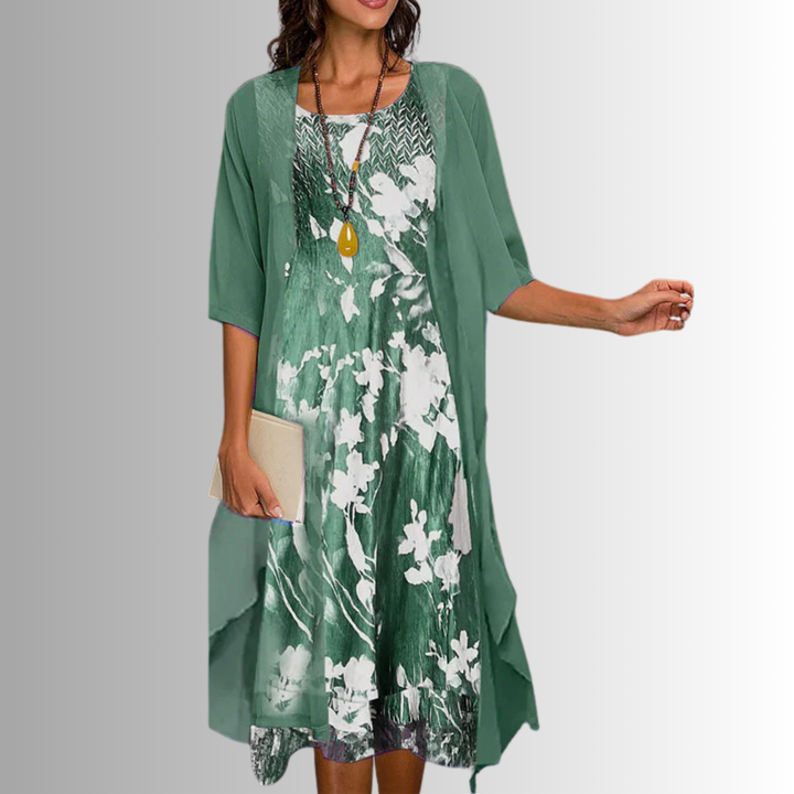Close-up of the women's floral midi dress, a vibrant and elegant piece from the versatile 2-piece set.
