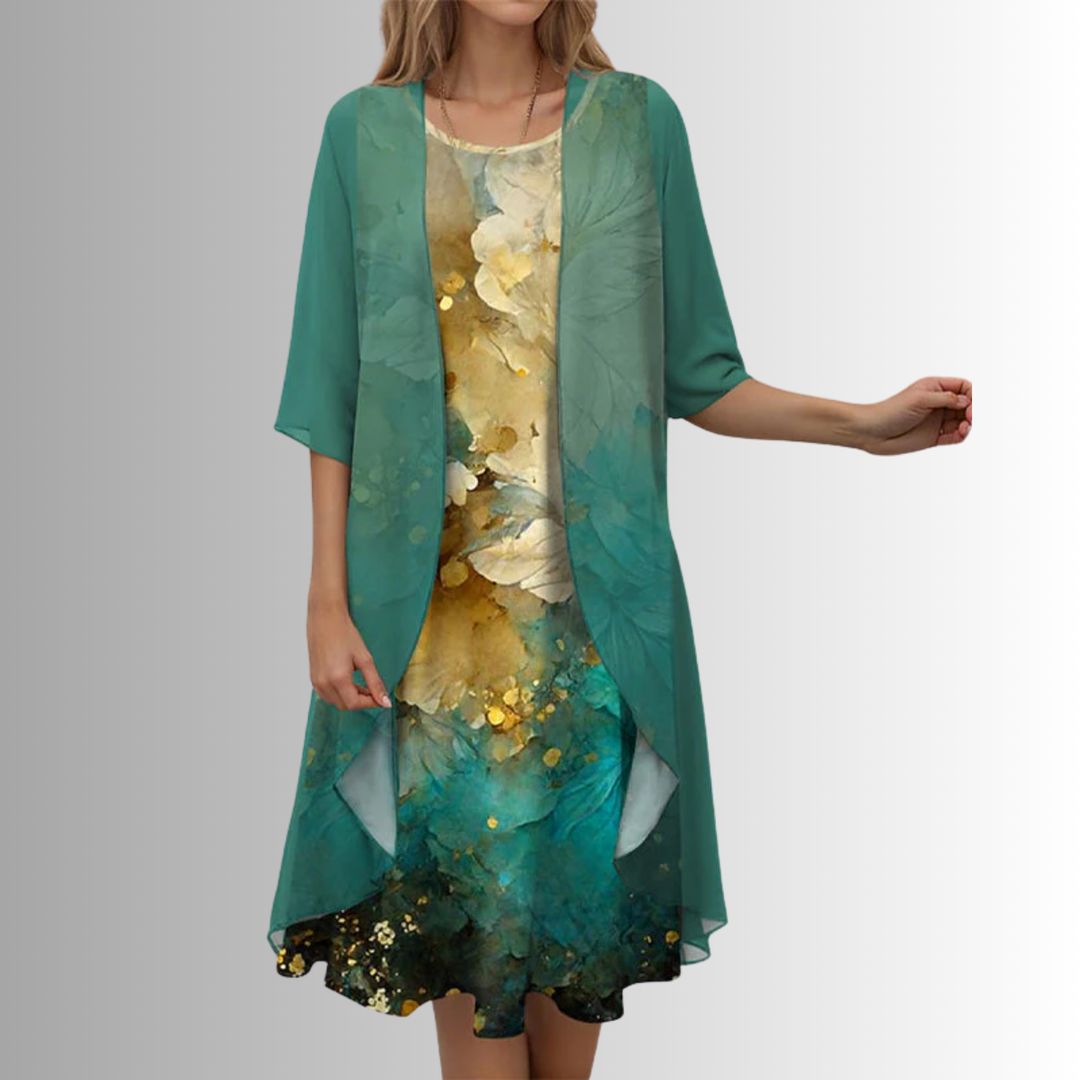 Woman modeling the versatile women's floral midi dress set with a sheer cardigan, ideal for elegant summer style.